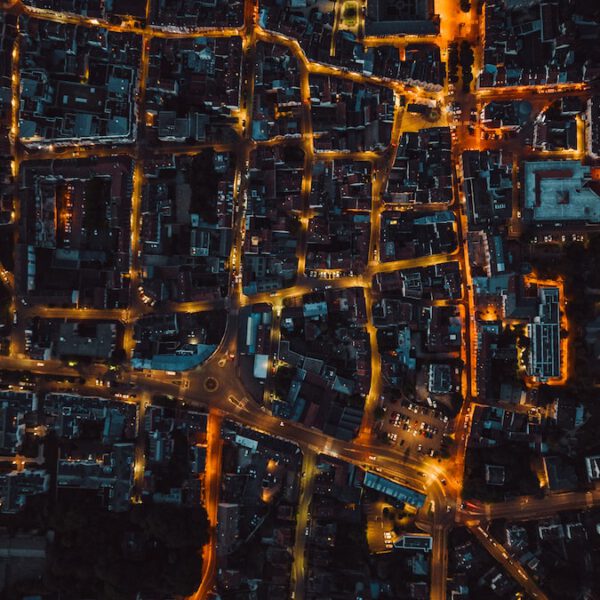 an aerial view of a city at night
